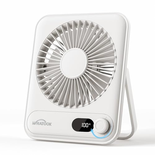 WHATOOK USB-Tischventilator Leise: Stufenlos 1-100 Regler, 5000mAh Akku Wiederaufladbarer Ventilator mit Schnellladung & LED-Anzeige, Tragbarer Kompaktlüfter für Büro Zuhause Camping Reise (Weiß)