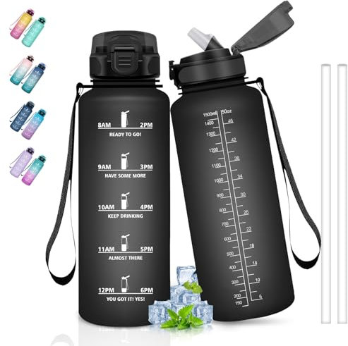 Borraccia 1 5 litri, borraccia sportiva con indicatore del tempo, borraccia con cannuccia, facile da pulire, borraccia per bevande gassate, a prova di perdite, per escursioni, yoga, colore nero