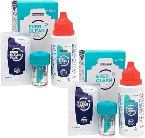 EVER Clean PLUS - Kit para Viajes - Líquido para Limpieza y Desinfección de Lentes de Contacto - Eliminación Profunda de Depósitos de Lípidos - 2x60ml + 16 Tabletas
