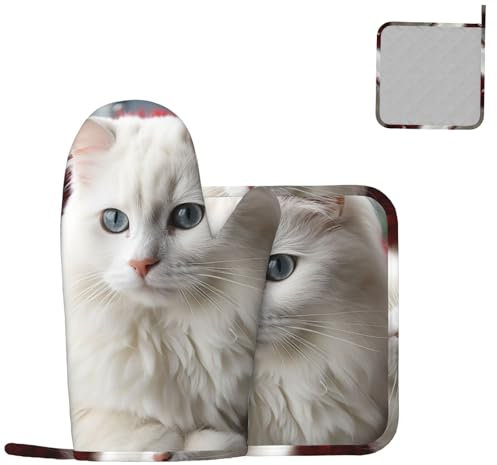 Ofenhandschuhe und Topflappen, Set mit niedlicher weißer Katze, Grillhandschuhe, hitzebeständig, Topflappen, rutschfeste Kochhandschuhe, dick, langer Küchenofenhandschuh für Grill, Backen, Mikrowelle,