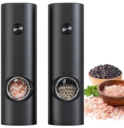 Zythrem Electric Salt and Pepper Grinder Set 2PCS Salt and Pepper Mills Stainless Steel Battery Powered Adjustable 5 Levels Coarseness Ceramic Grinder Black Automatic Pepper Grinder with LED Light
