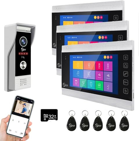 ANJIELO SMART Sistema de intercomunicación de Video, cámara de Video WiFi con Monitor de 7 Pulgadas,Timbre con Cable 1080P, soporta Entrada de Tarjeta Deslizante… (3 Monitor)