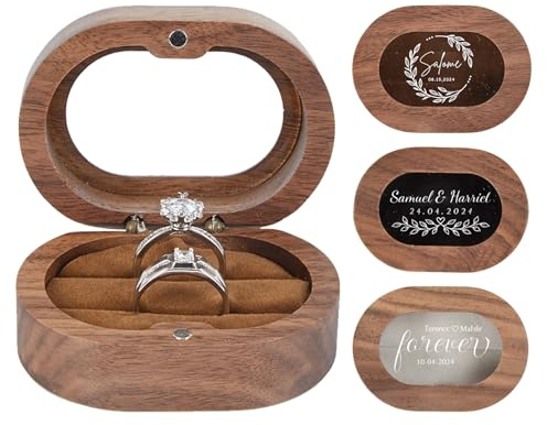 Roycraft Personalisierte Ringbox aus Holz, transparenter Deckel, Ringbox, Hochzeitsringbox, 2 Steckplätze für Verlobungsantragszeremonie
