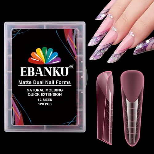 EBANKU 120 PCS Pink Matte Dual Nail Forms System Nail Mold Tips Acrylic Stiletto Nail Extension Tools for Nail Art Salon Nails Design