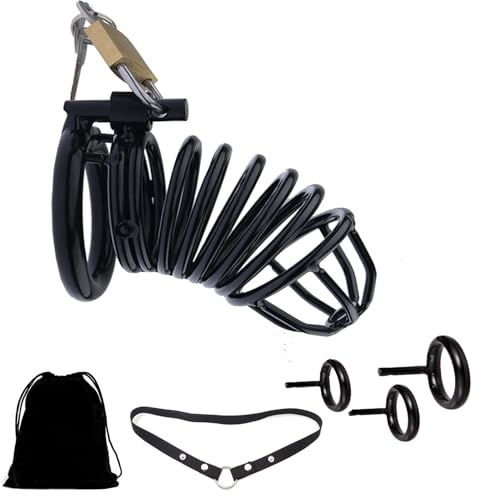 Chastity Cage with Chastity Belt for Male, Chastity Device with 3 Sizes Rings(1.57, 1.77, 1.97), 2 Keys & 1 Lock, Black Cock Cage, Large Stainless Steel Penis Bondage Restraints BDSM Sex Toy Men