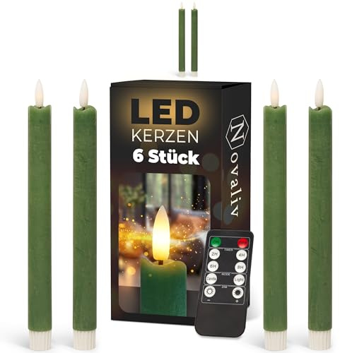 Novaliv Stabkerzen LED mit Timer Grün 6 Stück Indoor - 6 Stunden - ECHTWACHS 23cm Höhe für Kerzen 2,2cm Durchmesser 2 AAA Batterien notwendig LED Stabkerzen 2er Set Grün (Zwei Mal) bewegliche Flamme