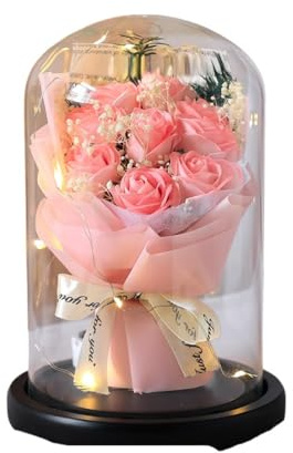 CH HIUBIE Stabilisierte Rosen Glasglocke - Romantisches Geschenk für Sie Personalisiert mit BeleuchtungGrußkarte (Geschenk für Verschiedene Anlässe) (9 Litschi rosa Rosen)