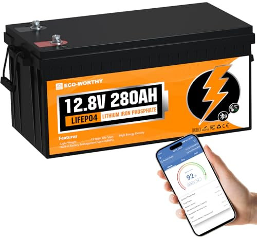 ECO-WORTHY 12V 280AH LiFePO4 Battery,3584Wh Energy with Bluetooth and Low-Temp Protection,Built-in 200A BMS,for Motorhome,Marine,Home Backup,Off-Grid Solar