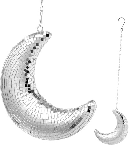 Garneck Disco Ball Moon Pendant Wall Hanging Ornament Silver Color Home Decoration Party Wedding Hanging Accent Moon-shaped Room Decor