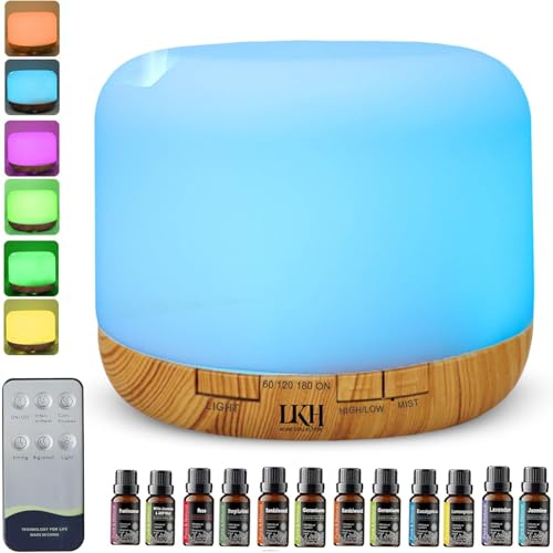 LKH Aroma Diffuser & Humidifier 500ml with Remote & Timer – Aromatherpay Ultrasonic Mist 10 Essential Oils Diffuser - LED Colour Changing Mood Lights and Humidifier, USB Powered 1.5m Cord
