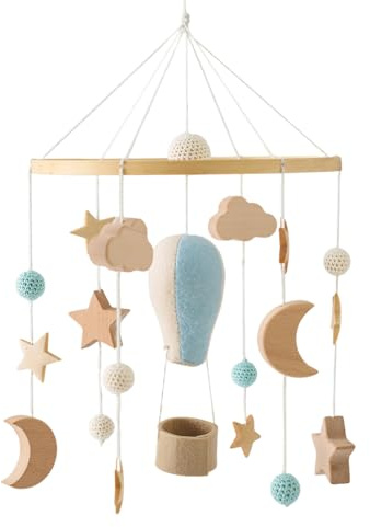 Mobile de montgolfière, mobile de berceau bébé pour garçons et filles, jouets berceau en bois suspendus avec cloche, montgolfière rotative, étoiles, lune, espace apaisant, d