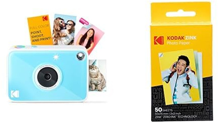 Kodak Printomatic+ Appareil photo numérique instantané (bleu) et papier photo Kodak ZINK Premium 5 x 7,5 cm (paquet de 50 feuilles)