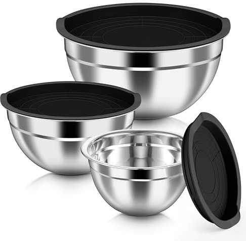 HaWare Mixing Bowls with Airtight Lids, 6-Piece Stainless Steel Salad Bowls, Strong Nesting Bowls for Cooking, Prepping, Baking, Serving & Food Storage, Stackable Design, Size 4.6, 3, 1.5QT, Black