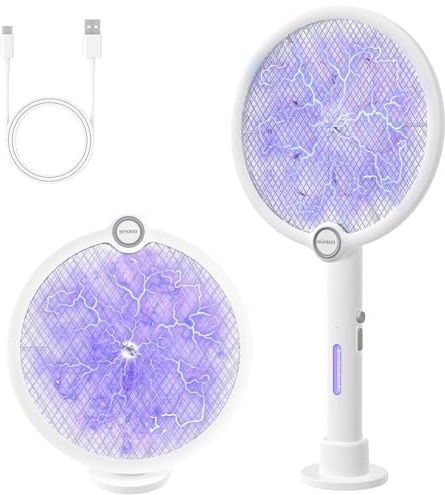 Glückluz Raquette Tue-Moustiques 2 en 1 Électrique-Lampe Anti-Moustiques Auto UV+Mode Manuel, Batterie Rechargeable 1800mAh USB-C Portable, Zappeur Insectes Intérieur Extérieur Patio Jardin (Blanc)