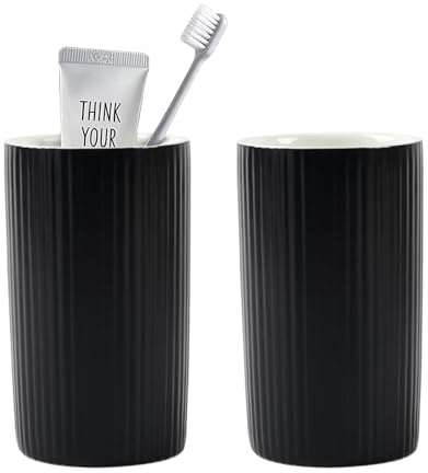 Inscrip Tandborstmugg i keramik, 2 stycken tandborsthållare med ränder för tandborste och tandkräm, Ø 7 x 12 cm munsköljkopp, tandborstar, badrum arrangör (svarta ränder)