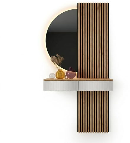 Planetmöbel Flurgarderobe Set Konsolentisch 100 cm | Spiegel mit Beleuchtung halbrund 50 x 100 cm, 2x Akustikpaneele 120 x 50 cm, Flur Möbel modern, gold eiche / weiß