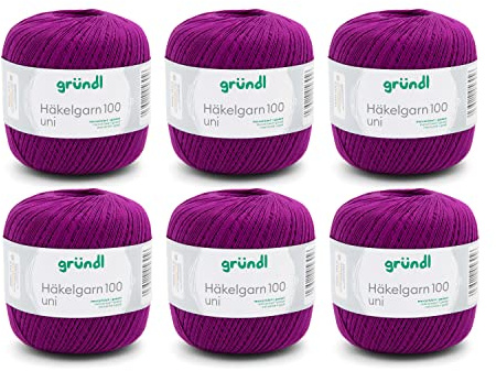 Gründl Wolle Häkelngarn 100 6 Knäuel 100 g, purpur | dünne sommerliche Wolle zum Häkeln - Glänzend und waschbar - Baumwollgarn - 100 % Baumwolle - 100 g / 566 m - Nadelstärke 1,5