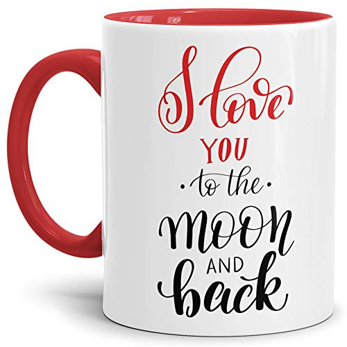 Liebes-Tasse I Love You to The Moon and Back - Innen und Henkel Rot - Partner-Tasse/Geschenk-Artikel/Pärchen/Liebe/Love/Kaffeetasse/Teetasse/Mug/Cup
