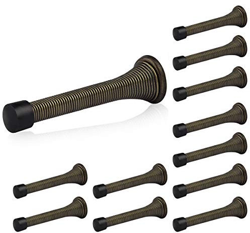 HOMOTEK 12-pack fjäderdörrstoppare med gummistötfångare 3-1/8 tum flexibel fjäder, kraftig väggdörrstopp, lågmonterad dörrstötfångare för hem (antik mässing)