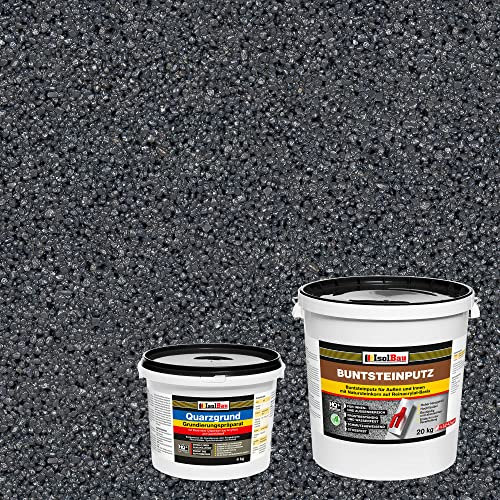 Isolbau Buntsteinputz - Mosaikputz für innen & außen - Frostsicher, wasserfest, stoßfest - BP100 (Anthrazit), 20 kg + Quarzgrund 4 kg