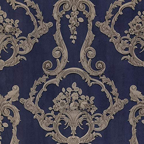 Grosvenor Damask Wallpaper Vintage Classic Navy Blue Beige Traditional