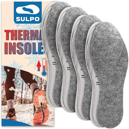 SULPO 4 Paare Winter Einlegesohlen Herren und Damen - Weiche Filz Einlegesohlen - Warme Einlagen Schuhe Herren und Damen - Thermische Schuheinlagen für kaltes Wetter - Zuschneidbar - 32-46 EU