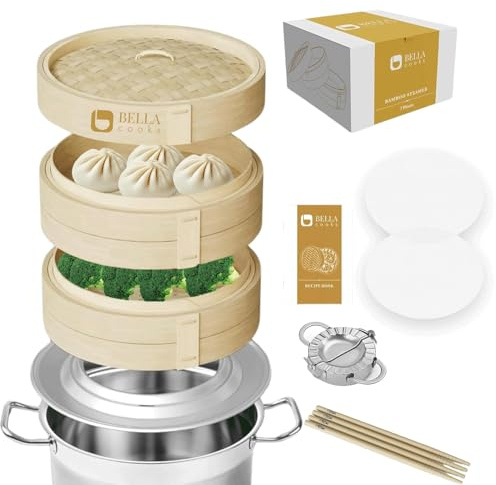Bamboo Steamer 11-inch 2 Tier Dumpling Steamer Basket with Lid & 4 Chopsticks, Reusable Silicone Liners,Ring Adapter, Bun, Dim Sum, Rice Potsticker Steaming Chinese Asian Food & Vegetables, Fish, Meat.