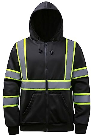 DPSAFETY High visibility Hoodie for Men Class3,Hi Vis Hoodie with Zipper, Reflective Hooded Hood,Construction work Safety Sweatshirt with Large front Pocket for Men/Women BLACK，XL