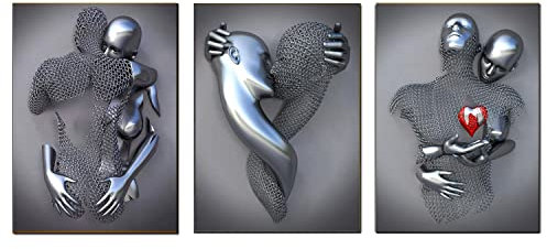 XIUWOUG 3 Stück Bild Leinwand Liebe Herz 3D-Effekt Paar, Grau-Kunst Wand, Abstrakte Metallfigur Skulptur Wandbilder Wanddeko Wohnzimmer(Ohne Rahmen),C,30x40cm No Frame