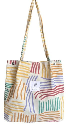 Bikasun Groß Umhängetasche Damen Cord Schultertasche Strandtasche Cord Tasche Crossbody Tasche Shopper Tote Bag Einkaufstasche Handtasche Shopper für Arbeit Einkaufen Schule, Bunt Gestreift