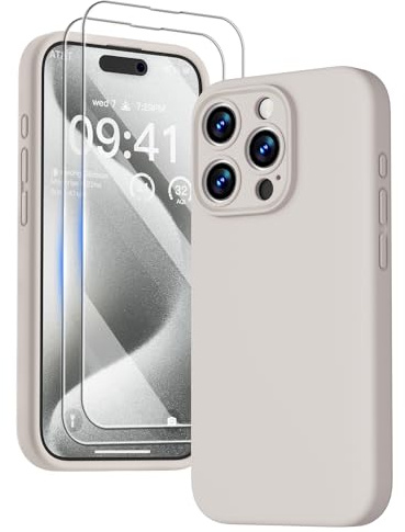 GOODVISH 3 in 1 für iPhone 15 Pro Hülle Liquid Silikon, StoneGrey | mit 2 Stück Schutzfolie, Upgraded Kameraschutz Soft Mikrofaserfutter Handyhülle Kratzfest Stoßfeste Schutz Case 6.1