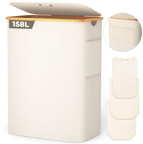 OUSFOT Wäschekorb mit Deckel 3 Fächer 158L Wäschesammler aus 600D Oxford-Gewebe mit Abnehmbarem Wäschesack, Netztasche auf der Rückseite Wäschebox Wäschesortierer Wäschetonne Laundry baskets Beige