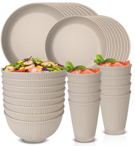 Unbreakable Dinnerware Sets for 8 Peple, Plastic Plates and Bowls Set Reusable Tableware Set, Microwave Dishwasher Safe, Camping Picnic Home Party Dinner Set 16pcs Plates, 8pcs Bowls, 8pcs Cups, Beige