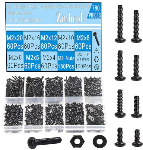 Zmbroll 780Pcs M2x4/5/6/8/10/12/16/20mm Phillips Pan Head Screws Black Metric Machine Screws Small Screw Fully Threaded Carbon Steel Fastener Bolts Nuts Washers Assortment Kit
