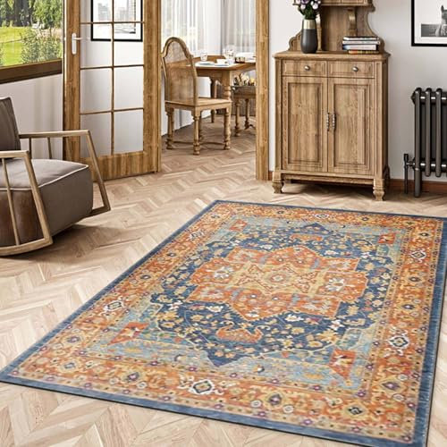YFHT Vintage Teppich Weich Schlafzimmer, Waschbarer Kurzflor Groß Wohnzimmer Teppich, Orientalisch rutschfest Boho Bettvorleger Teppich,Orange,60× 90cm