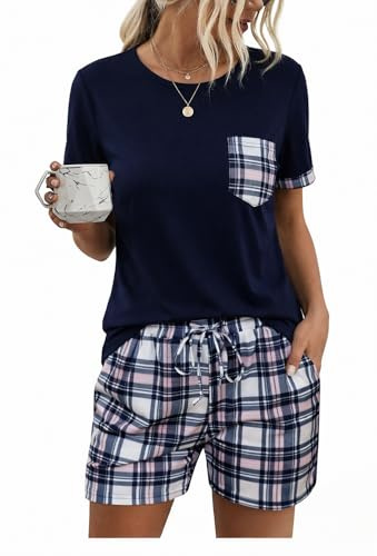 Aseniza Women's Pyjamas Sets Short Sleeve Ladies Cotton Loungewear Two Piece Pj Sets Nightwear Sleepwear Top & Bottoms with Pockets Navy, M
