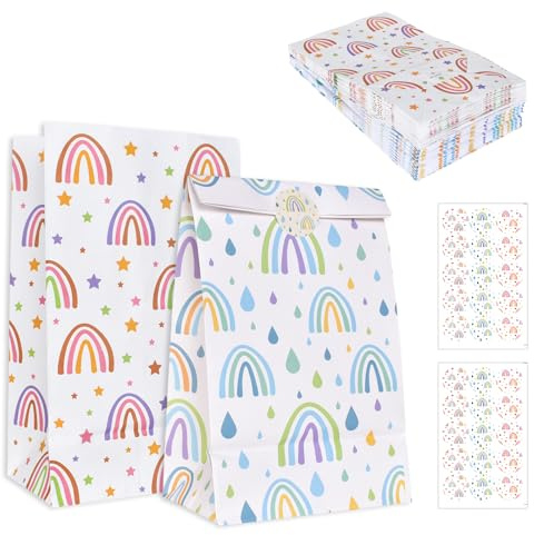 24 Stück Geschenktüten,Beutel Partytüten,Schöner Design,Geschenktüten mit Regenbogen,Papier Regenbogenmotiv für Verpacken von Geschenken Weihnachten,Hochzeiten (13 x 8 x 22 cm)
