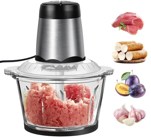 Picadora de carne eléctrica, mini procesador de alimentos de 300 W, picadora de verduras de alta potencia ajustable de 2 velocidades, recipiente de vidrio 2 l y picadora eléctrica de 4 cuchillas