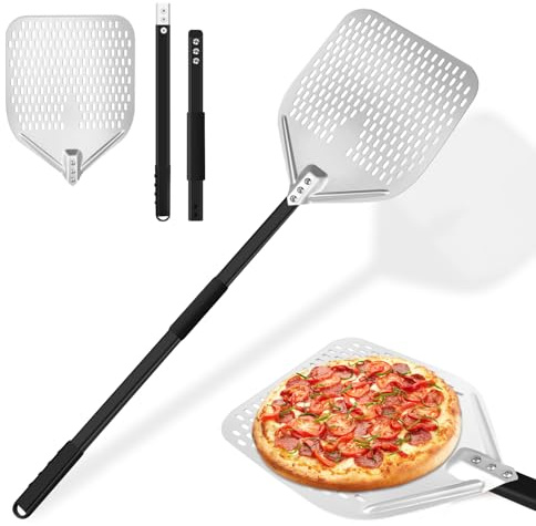 TNOMSNO Pelle a Pizza, 12 Pouces Pelle Pizza Perforée en Aluminium avec Longue Poignée en Amovible pour la Cuisson de Pizzas, Pain, Grande Surface 40x30cm