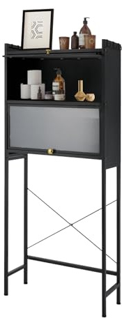 Waschmaschinenschrank - Waschmaschinenregal mit Aufbewahrung | 3-stufiger Stahlschrank mit Haken & Schranktüren | bis 95cm Höhe | Wäscheraum Speicher Organizer für Badezimmer, Waschräume (Schwarz)