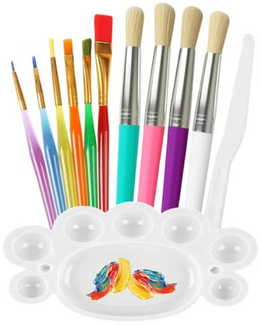 TAGMEIU 12 Pcs Kids Paint Brushes Set with Palette and Scraper for Toddlers | Assorted small washable brushes for watercolour, acrylic, oil and face painting, with palette and scraper for beginner art