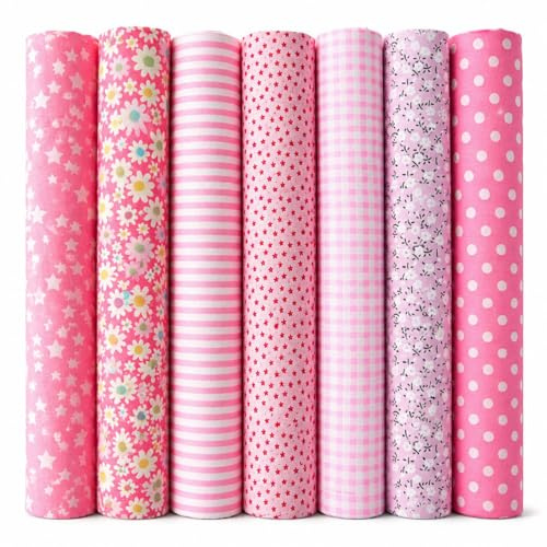 NEUJUS Lot de 7 tissus en coton 50 x 50 cm – Tissu vendu au mètre, en 100% coton, paquet de tissus pour patchwork, chutes de pour couture, bricolage et matelassage, différents designs-7 Rosa