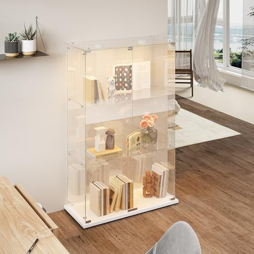 Julyue Stående glasvitrinskåp med LED, vitrinskåp med 3 lager vitrinskåp och 2 dörrar av härdat glas, vitrinskåp för vardagsrum, kontor, sovrum (svart + LED-A, 78,5 x 35 x 123,3 cm)