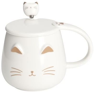 Tazza Gatto in Ceramica con Coperchio e Cucchiaino,Tazza da Caffè 400ml Carina Tazze 3D con animali per amanti dei gatti per Donne, Amanti dei Gatti Ufficio e Regalo Mug Bianca con Design Kawaii