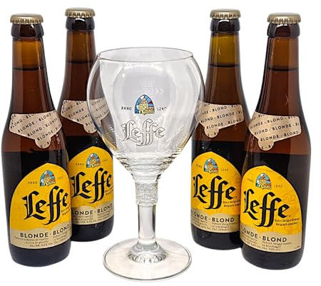 Générique Bicchiere da birra Leffe Blonde 33cl Ufficiale + 4 Bottiglie, Bicchiere per degustazione o collezionista