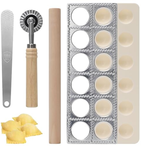 4 Stück Ravioli-Maker aus Aluminium mit 12 Löchern, Knödelformer mit Nudelholz Teigtaschenrad Former, Fleischspatel Raviolibrett für Herstellung Von Ravioli, Knödel
