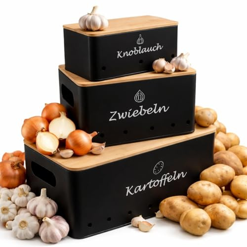 BigDean Kartoffel Aufbewahrungsbox 3er Set aus Metall mit Bambusdeckel | Für Kartoffeln, Zwiebeln & Knoblauch – belüftet, stapelbar und platzsparend – Vorratsbehälter für Küche & Speisekammer