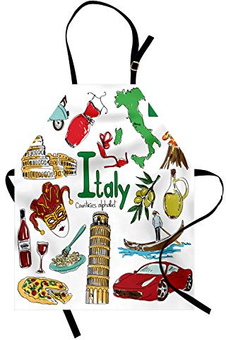 ABAKUHAUS Italien Kochschürze, Spaß-bunter Sketch Stil, Unisex-Küchenlätzchen mit verstellbarem Hals für Kochen Gartenarbeit, 67 cm x 80 cm, Grün Gelb Rot