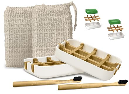EDARTO® 2er Set Seifenschalen aus Bambus & Maisstärke, Nachhaltig & Umweltfreundlich mit Abtropfschale, Inkl. 2 Sisal Seifensäckchen & 2 Bambuszahnbürsten, Seifenhalter, Seifenablage für Bad & Dusche