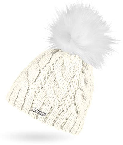 Neverless® Damen Strick-Mütze gefüttert mit Fleece Grobstrick Zopfmuster Fell-Bommel Kunstfell Bommelmütze weiß